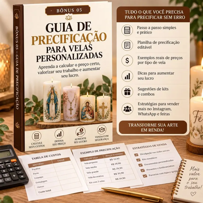 Bônus 5: Guia de Precificação para Velas Personalizadas, com tabela de custos, exemplos de preço e estratégias de venda