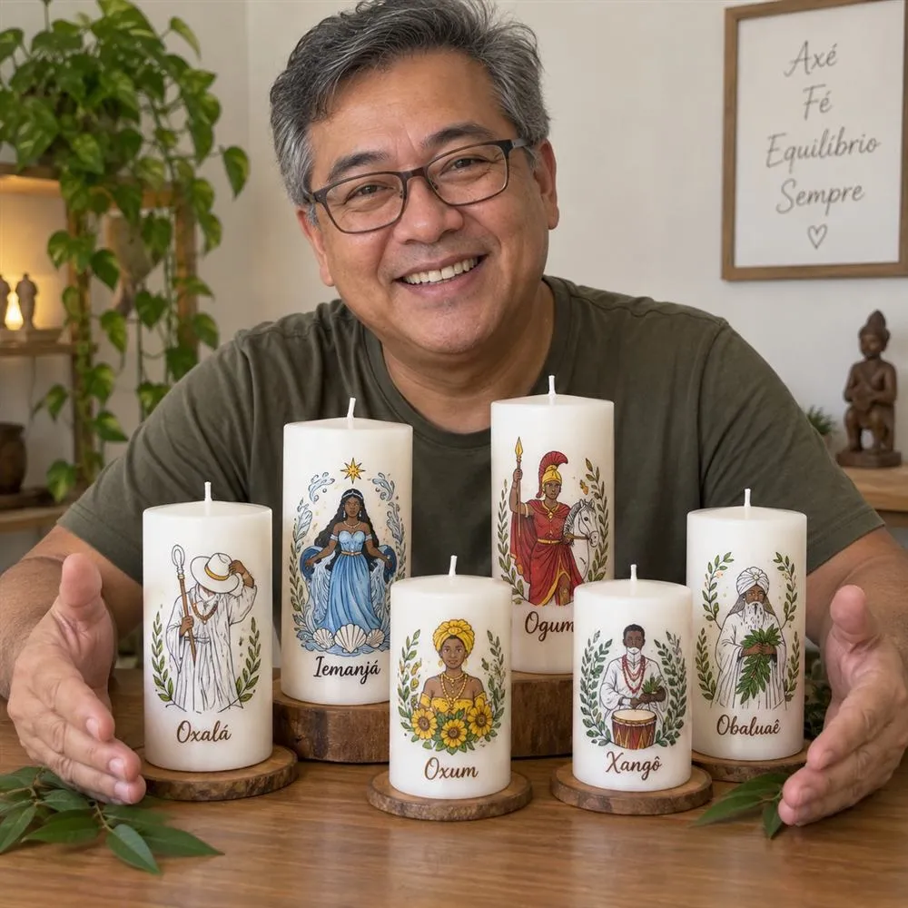 Cinco velas personalizadas com estampas de Orixás sobre a mesa