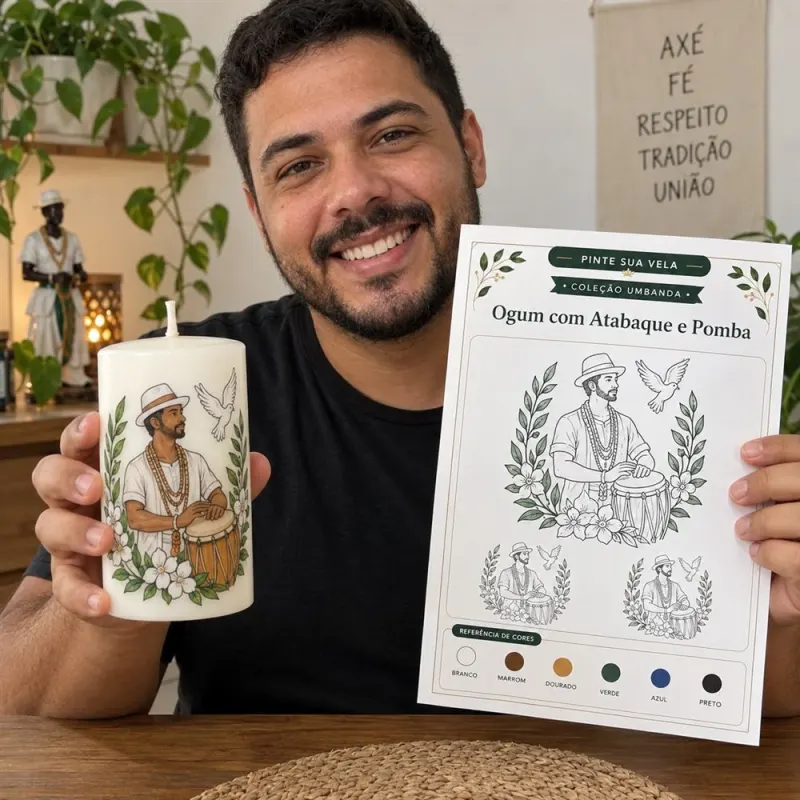 Pessoa mostrando a vela pronta ao lado da folha da estampa