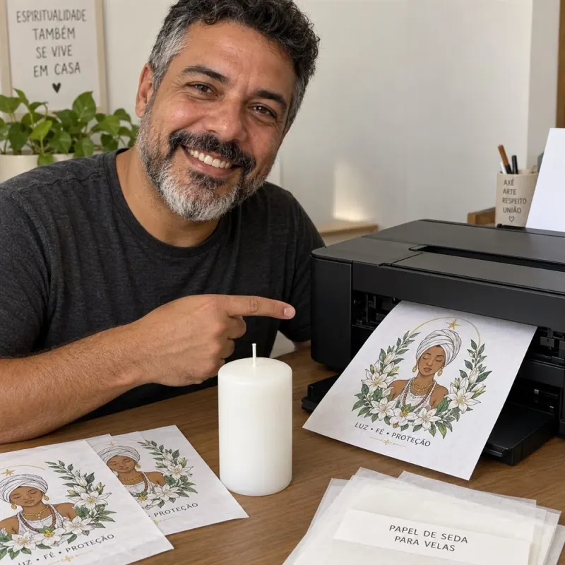 Estampa saindo da impressora ao lado do papel seda