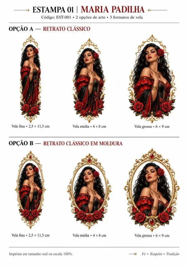 Folha da estampa Maria Padilha nos três formatos de vela