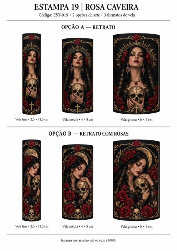 Folha da estampa Rosa Caveira nos três formatos de vela