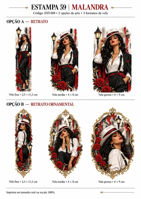 Folha da estampa Malandra nos três formatos de vela