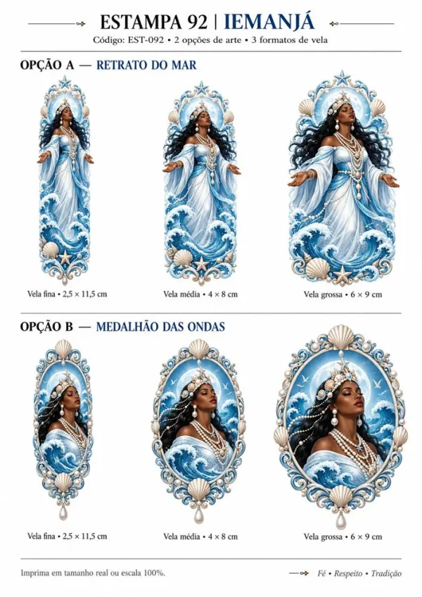 Folha da estampa Iemanjá nos três formatos de vela