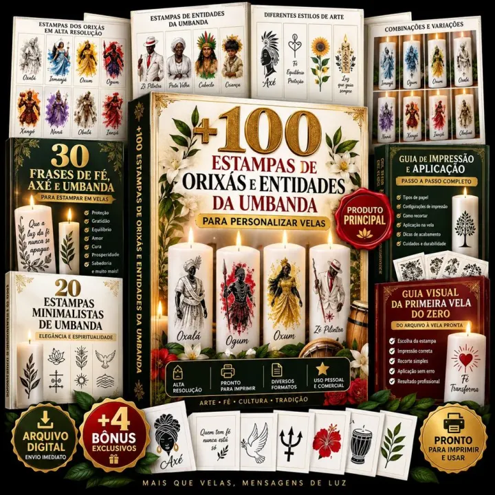 Coleção +100 Estampas de Orixás e Entidades da Umbanda para personalizar velas, com os bônus do plano Completo